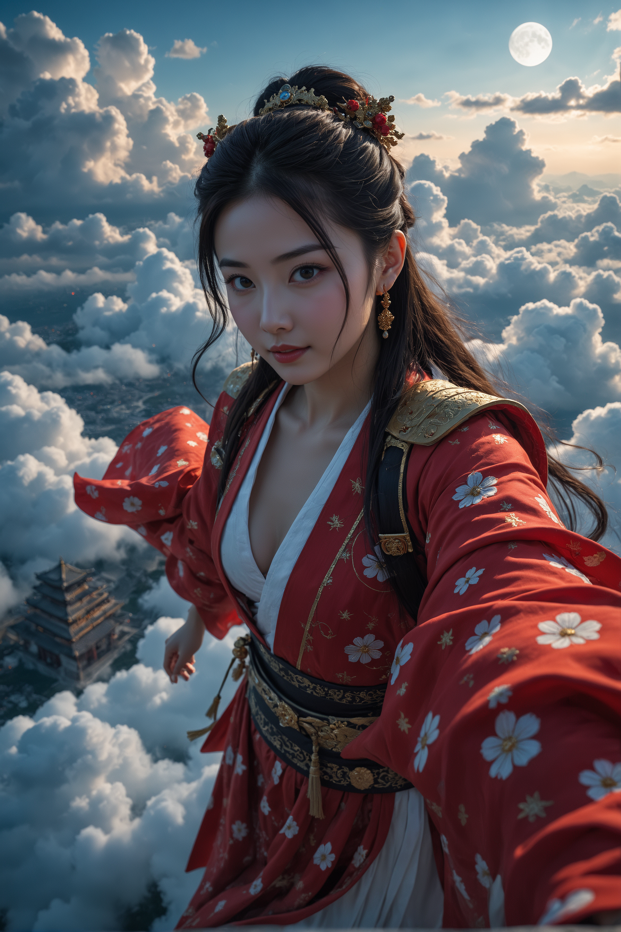 18-year-old cure beauty hanfu girl,close-up,aerial,a lot of wind,flying on the clouds,night sky moon,heavenly palace,curvy,focus on her face,(high speed flying girl:1.1),in the distance there is a plane leading to the flight,flight attitude,selfie,large_wings,shoulder-exposed hanfu,city in the air,low light,light smile and arrogant temperament,