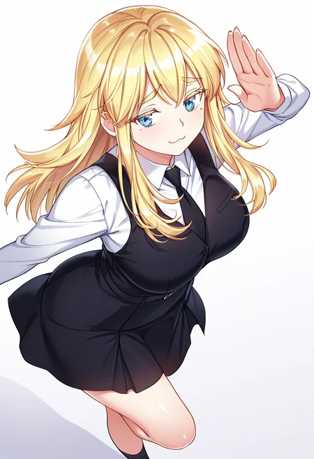 Smooth Quality,masterpiece,very intricate, high quality details, ultra realistic, high detailed skin,detailed enviorement,absurdres,
simple background, white background, dancing,skindentation, solo,from above,vulcan salute,
 <lora:Laura_Zeppelin_CNR:0.8>laura_cnr, 1girl, blonde hair, long hair, blue eyes, mole under eye, large breasts,
laura_uniform_cnr, school uniform,white shirt, collared shirt,black vest,black necktie,plaid skirt,black dress, pinafore dress, long sleeves, socks, shoes, furrowed brow,, ;3,