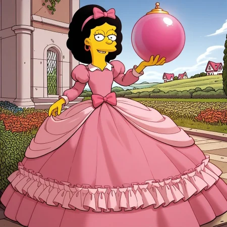 score_9, score_8_up, score_7_up, score_6_up, score_5_up, score_4_up, garden, castle garden, g1na v3ndetti, multicolored hair, black hair, pink hair, two-tone hair, solo, 1 girl, simpsons, pink hairband with bow, huge pink rococo princess ball gown hoop skirt, huge pannier skirt, ball gown hoop skirt, pink princess dress, hoopdress, my big princess gypsy wedding dress, ballgown, Ba11g0wn, puffy sleeves, long sleeves, a girl in a dress posing for a picture, looking at viewer and smiling, holding a magical orb in hand,