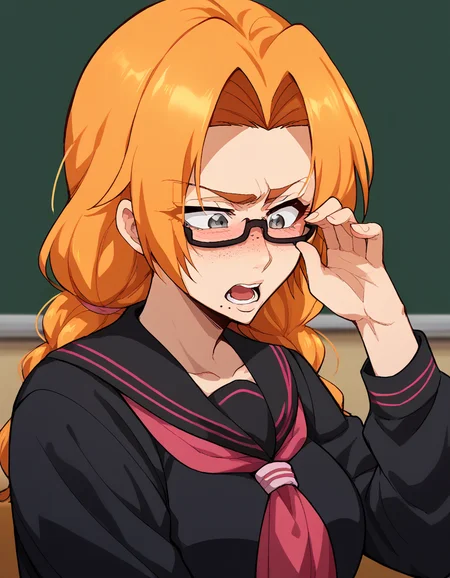 score_9, score_8_up, score_7_up, source_anime, <lora:rangiku-matsumoto-anime-ponyxl-lora-nochekaiser:1>, rangiku matsumoto, long hair, grey eyes, orange hair, mole, mole under mouth, parted bangs, large breasts, <lora:jimiko-ponyxl-lora-nochekaiser:1>, jimiko, glasses, black-framed eyewear, messy, unkempt, thick eyebrows, twintails, braids, freckles, baggy eyes,, blush, open mouth, embarrassed, classroom, adjusting eyewear, serafuku, black serafuku, red neckerchief, skirt, black skirt, pleated skirt, cowboy shot, <lora:averting-eyes-ponyxl-lora-nochekaiser:1>, averting eyes,