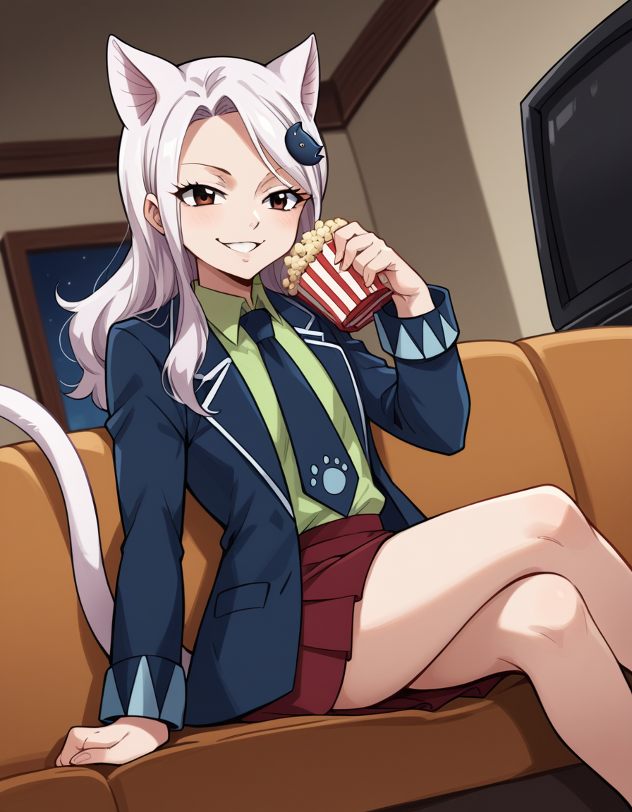 score_9, score_8_up, score_7_up, source_anime, <lora:fairytail-carla-anime-ponyxl-lora-nochekaiser:1>, fairy tail carla, long hair, hair ornament, animal ears, brown eyes, white hair, cat ears,, skirt, school uniform, jacket, tail, necktie, red skirt, shirt, green shirt, collared shirt, long sleeves,, living room, television, couch, popcorn, watching movie, night time, sitting,, smile, , hand making an OK sign, solo,, cowboy shot, dutch angle