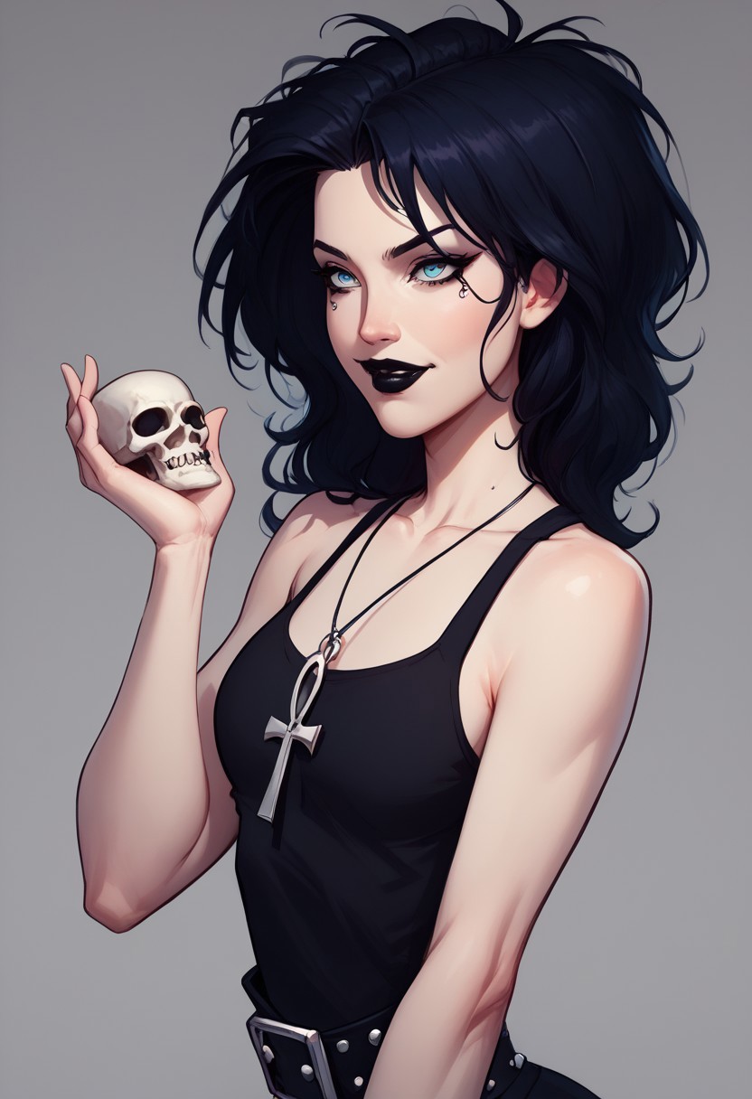 score_9, score_8_up, score_7_up, dc comics sandman death, 1girl, A woman with dark hair and black lipstick is depicted holding a human skull in one hand. She is wearing a black tank top, and an Ankh cross pendant is visible around her neck. The atmosphere of the image is dark and gothic, with a background that transitions from black to dark gray. overall mysterious and elegant appearance. The setting and her attire emphasize a theme of non-conformity and gothic aesthetic.