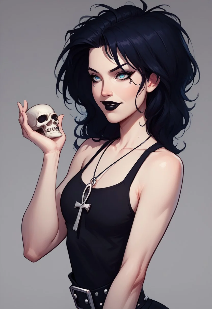 score_9, score_8_up, score_7_up, dc comics sandman death, 1girl, A woman with dark hair and black lipstick is depicted holding a human skull in one hand. She is wearing a black tank top, and an Ankh cross pendant is visible around her neck. The atmosphere of the image is dark and gothic, with a background that transitions from black to dark gray. overall mysterious and elegant appearance. The setting and her attire emphasize a theme of non-conformity and gothic aesthetic.