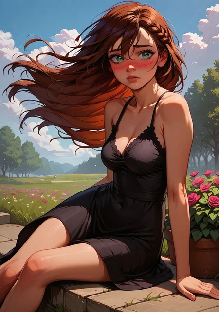 masterpiece, ultra-realistic, 32k, best quality, highly detailed, score_9, score_8_up, score_7_up, score_6_up, anime_source, perfect lines
BREAK
(1girl), 19 yo, supermodel, (younger face), Anna_Rice, brunette, long hair, 1colored strand of hair, braid on side, hair between eyes, green eyes, perfect lips, perfect nose, (nose blush),(shy expression), (medium breasts, natural saggy breasts, perfect legs, slim body, deep skin), ((dark red sundress, cute)), ((wind)), cleavage
BREAK
dynamic angle, detailed background, highly detailed,( outside),dynamic shot, (garden), dynamic view