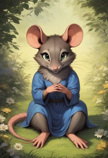 score_9, score_8_up, score_8, solo, (fluffy:0.8), (feral:0.7), outdoors, toes, furry, (((mouse))), female, green eyes, (gray fur), (chest:0.9), claws, (fluffy cheeks:0.7), (blue dress), in the style of beatrix potter, (seductive), (sly:1.5) (solo:2), looking at viewer, (sitting), smiling, grass, flowers, (cute), legs stretched out