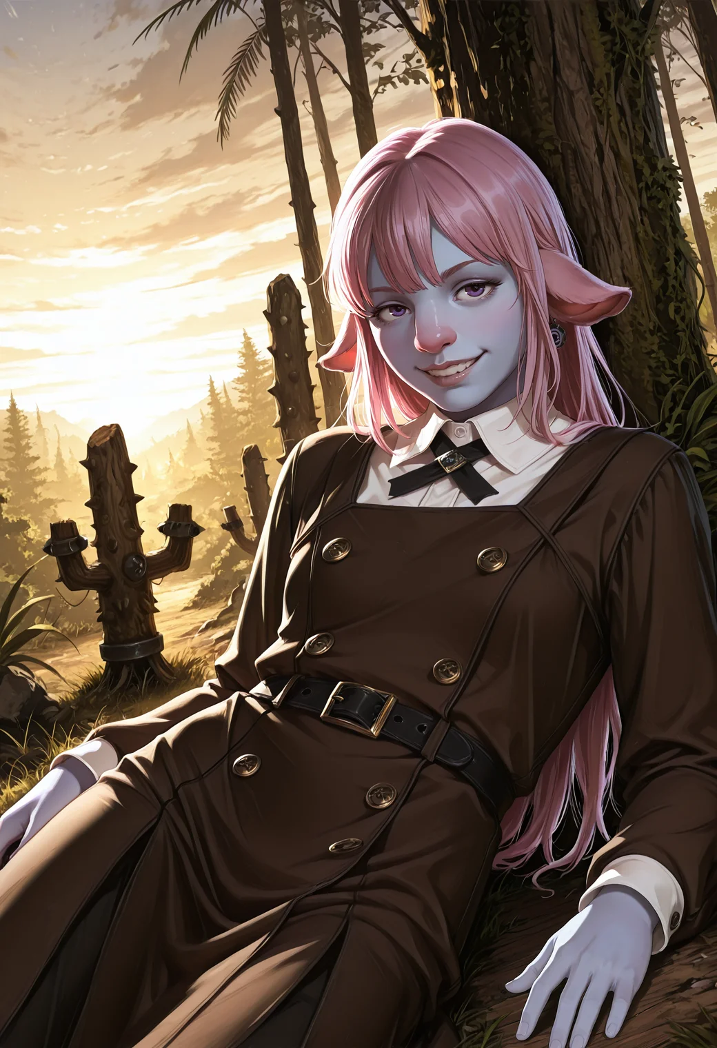 very awa, lineart, [sei shoujo], [yoshiten], style parody, [bang dream!], [arcane: league of legends], [league of legends], (dynamic angle:1.3), (cowboy shot:1.2) BREAK 1girl, solo, <lora:Firbolg:0.7> (Firbolg:1.3), furry, (big nose:1.2), animal ears, (sidewise floppy ears), deep pink hair, fade cut hair, purple eyes, (light blue skin:1.2), stocky body, , flat chested, perfect hands, dark lips, (inspired), wide grin,side eye BREAK wearing rustic hooded (detailed yellow_orange and pale black leather pinafore dress), round back with criss cross tie up, gaiters, BREAK medieval, fantasy, outdoors, detailed landscape, tropical jungle, trees, overgrown jungle, trees, debris,shrubs,grass, reclining, sitting, yokozuwari , arms relaxed, against tree, winter, winter_clothes, sunrise, soft light, long shadows, yellow sky, gradient sky, cloudy sky, sunlight,, cinematic lighting BREAK <lora:Expression_Detailer_Illustrious_Lora:0.7> <lora:DarkerThanDarkIllustriousV1:0.5> <lora:Sushi_Spin_Style_Illu_Edition:0.7> SS-Illu