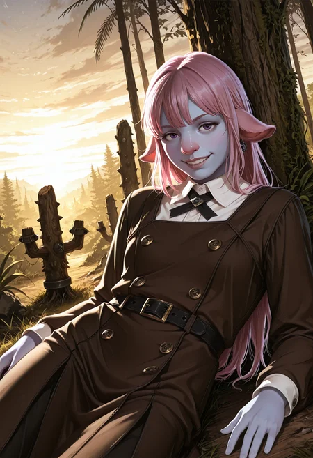 very awa, lineart, [sei shoujo], [yoshiten], style parody, [bang dream!], [arcane: league of legends], [league of legends], (dynamic angle:1.3), (cowboy shot:1.2) BREAK 1girl, solo, <lora:Firbolg:0.7> (Firbolg:1.3), furry, (big nose:1.2), animal ears, (sidewise floppy ears), deep pink hair, fade cut hair, purple eyes, (light blue skin:1.2), stocky body, , flat chested, perfect hands, dark lips, (inspired), wide grin,side eye BREAK wearing rustic hooded (detailed yellow_orange and pale black leather pinafore dress), round back with criss cross tie up, gaiters, BREAK medieval, fantasy, outdoors, detailed landscape, tropical jungle, trees, overgrown jungle, trees, debris,shrubs,grass, reclining, sitting, yokozuwari , arms relaxed, against tree, winter, winter_clothes, sunrise, soft light, long shadows, yellow sky, gradient sky, cloudy sky, sunlight,, cinematic lighting BREAK <lora:Expression_Detailer_Illustrious_Lora:0.7> <lora:DarkerThanDarkIllustriousV1:0.5> <lora:Sushi_Spin_Style_Illu_Edition:0.7> SS-Illu