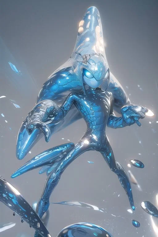 Tall, High quality, nonblurry, male focus, Ultra HD, HDR, 4K, hyperdetailed, smooth lighting, solo, (fully clothed, masterpiece, epic lighting, good shading, studio quality), (Chaos, blue water body, two lime eyes, no pupils, pink brain, transparent, battle stance, long arms), ((epic lighting)), best_quality, perfect, cinematic lighting, highest quality, intricate details, hdr, cinematic, intense,