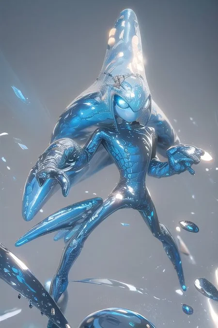 Tall, High quality, nonblurry, male focus, Ultra HD, HDR, 4K, hyperdetailed, smooth lighting, solo, (fully clothed, masterpiece, epic lighting, good shading, studio quality), (Chaos, blue water body, two lime eyes, no pupils, pink brain, transparent, battle stance, long arms), ((epic lighting)), best_quality, perfect, cinematic lighting, highest quality, intricate details, hdr, cinematic, intense,