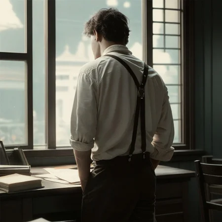 score_9, score_8_up, score_7_up, score_6_up, flmgr, flmgr, film grain, cinematic, cinematic light, 1boy, male focus, window, solo, from behind, indoors, shirt, suspenders, desk, black hair, dutch angle, pants, white shirt, black pants, standing, facing away, realistic