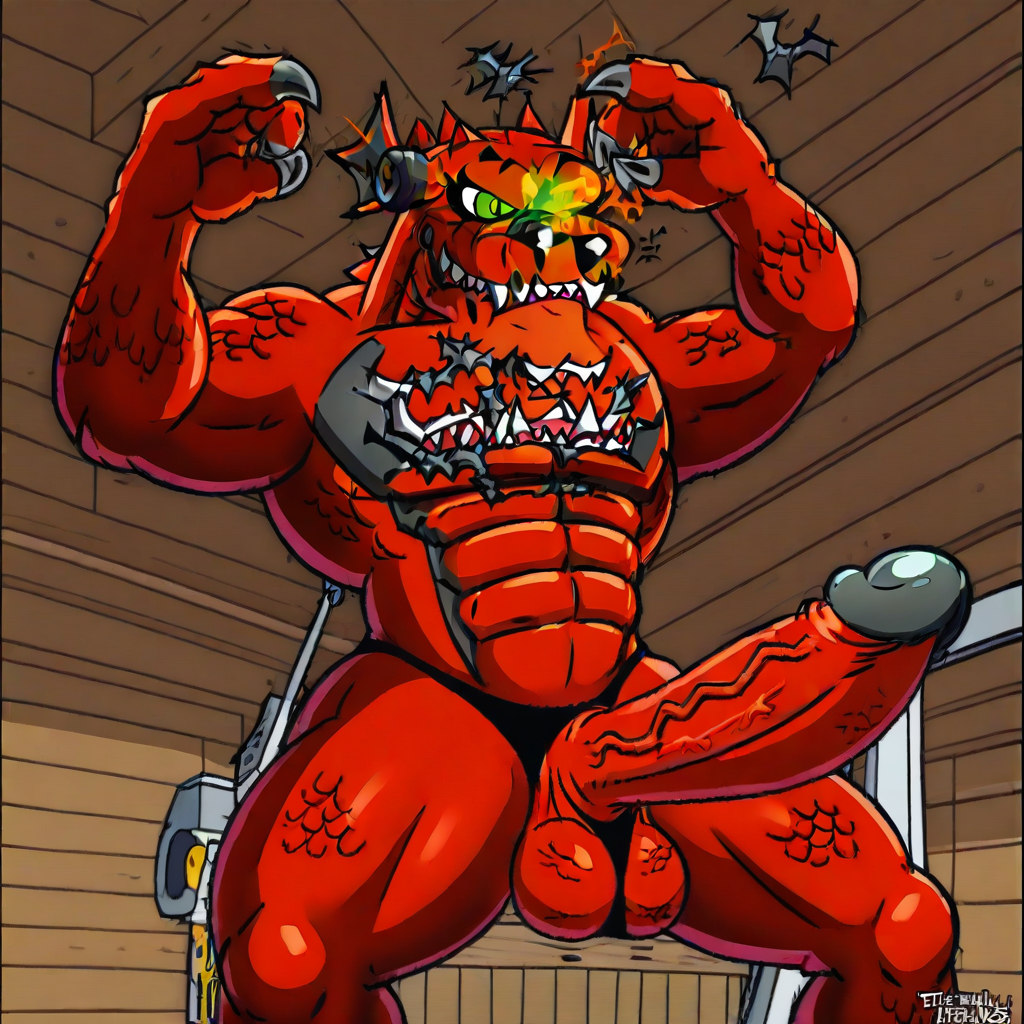 underwear, furry, digimon (creature), erection, thick thighs, veiny penis, colored skin, gradient, sharp teeth, teeth, broken, Arms raised, green eyes, 1boy, metal parts on thr ground, testicles, demon, furry male, ground vehicle, Two toned bone, wooden walks