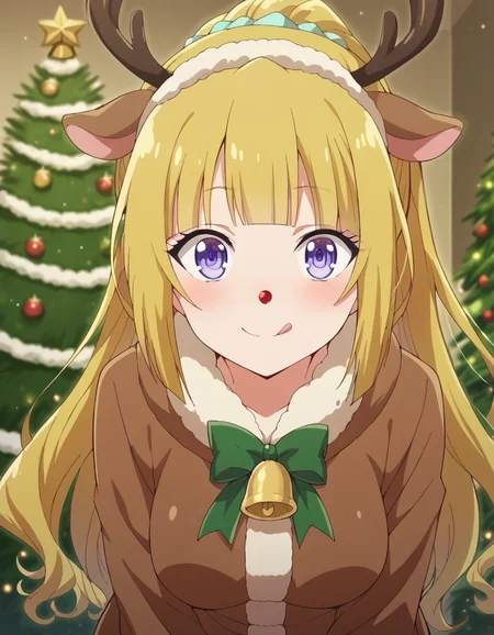 score_9, score_8_up, score_7_up, source_anime, <lora:kei-karuizawa-anime-s2-ponyxl-lora-nochekaiser:1>, kei karuizawa, long hair, bangs, blunt bangs, purple eyes, blonde hair, hair ornament, ponytail, scrunchie, blue scrunchie, medium breasts,, <lora:reindeer-costume-ponyxl-lora-nochekaiser:1>, reindeer costume, animal costume, reindeer antlers, antlers, fake antlers, reindeer hood, christmas, red nose, deer ears, deer tail, christmas tree, bell, horns, reindeer,, blush, smile, tongue out, looking at viewer,,
