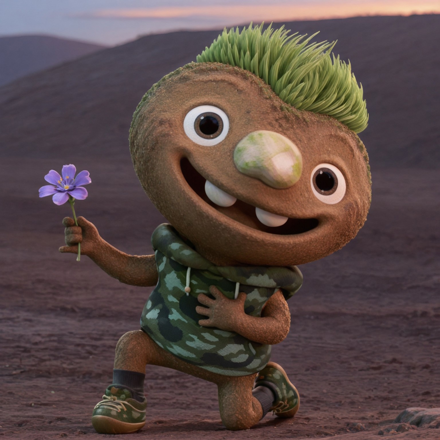 uncensored, masterpiece, best quality, highly detailed, realistic, 1boy, solo, ClodEM, male humanoid, elemental creature, earth elemental, green hair, grass hair, short hair, brown eyes, black pupils, stone nose, brown body, short male, on one knee, smile, open mouth, white teeth, (looking at viewer), grass, park, sunny, afternoon, front view, detailed background, (5 fingers, holding purple flower proposing), (camo hoodie vest, white drawstrings, black socks, green and brown sneakers), hand on own chest