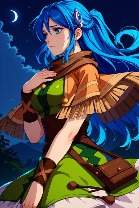 score_9, score_8_up, score_7_up, score_6_up, source_anime, 1girl, solo, <lora:ystia-pdxl-nvwls-v1-000005:1> ystia, blue hair, long hair, ponytail, blue eyes, hair ornament, brown capelet, brown scarf, green and brown dress, bracelet, breasts, boots, from side, hand on own chest, sad, night, night sky