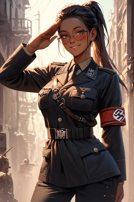 score_9, score_8_up, score_7_up, score_6_up, score_5_up, score_4_up,1girl, black_hair, ponytail,  very_long_hair,(round_eyewear:0.99),
breasts, blush, smile, looking_at_viewer
dark skin, dark-skinned female, cowboy_shot, <lora:BMU:0.99> bmu, black military uniform, pants, salute, armband, (high quality, detailed, beautiful)