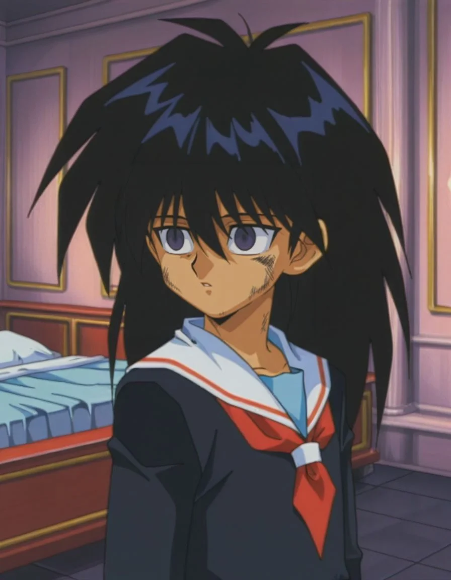 masterpiece, best quality, male focus, bedroom, (sailor:1.2), solo,dirty, facing to the side, looking ahead,
<lora:Mind_Controlled_Mokuba_1:0.9>, m0ku, 1boy, black hair, long hair, purple eyes, retro artsyle, 1990s (style), hair between eyes, male child, empty eyes,