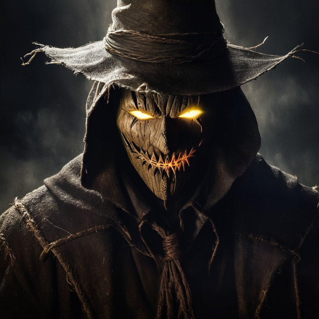 Dark Fantasy Art of  <lora:Scarecrow:1.2>
Scarecrow a demonic looking man with glowing eyes and a dark background in Gotham city universe, dark, moody, dark fantasy style