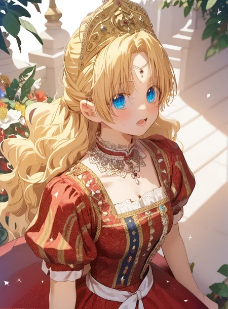 score_9_up, score_8_up, score_7_up, (Anime_source), open mouth, in garden, looking at viewer, <lora:Athanasia_-_Who_Made_Me_a_Princess_-_PONY-Kaleid:1> athanasia, 1girl, blue eyes, long hair, blonde hair, parted bangs, medium breasts, red dress, crown, forehead jewel,