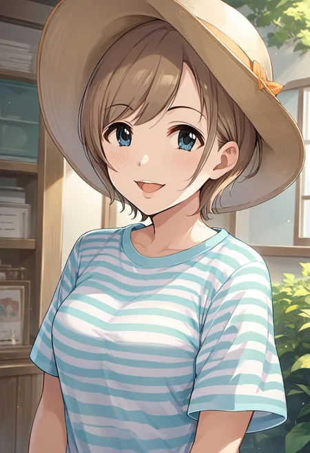 score_9, score_8_up, score_7_up, source_anime, manaka misato, short hair, brown hair, blue eyes, 1girl, hat, solo, striped shirt, striped, :3, shirt, looking at viewer, smile, open mouth