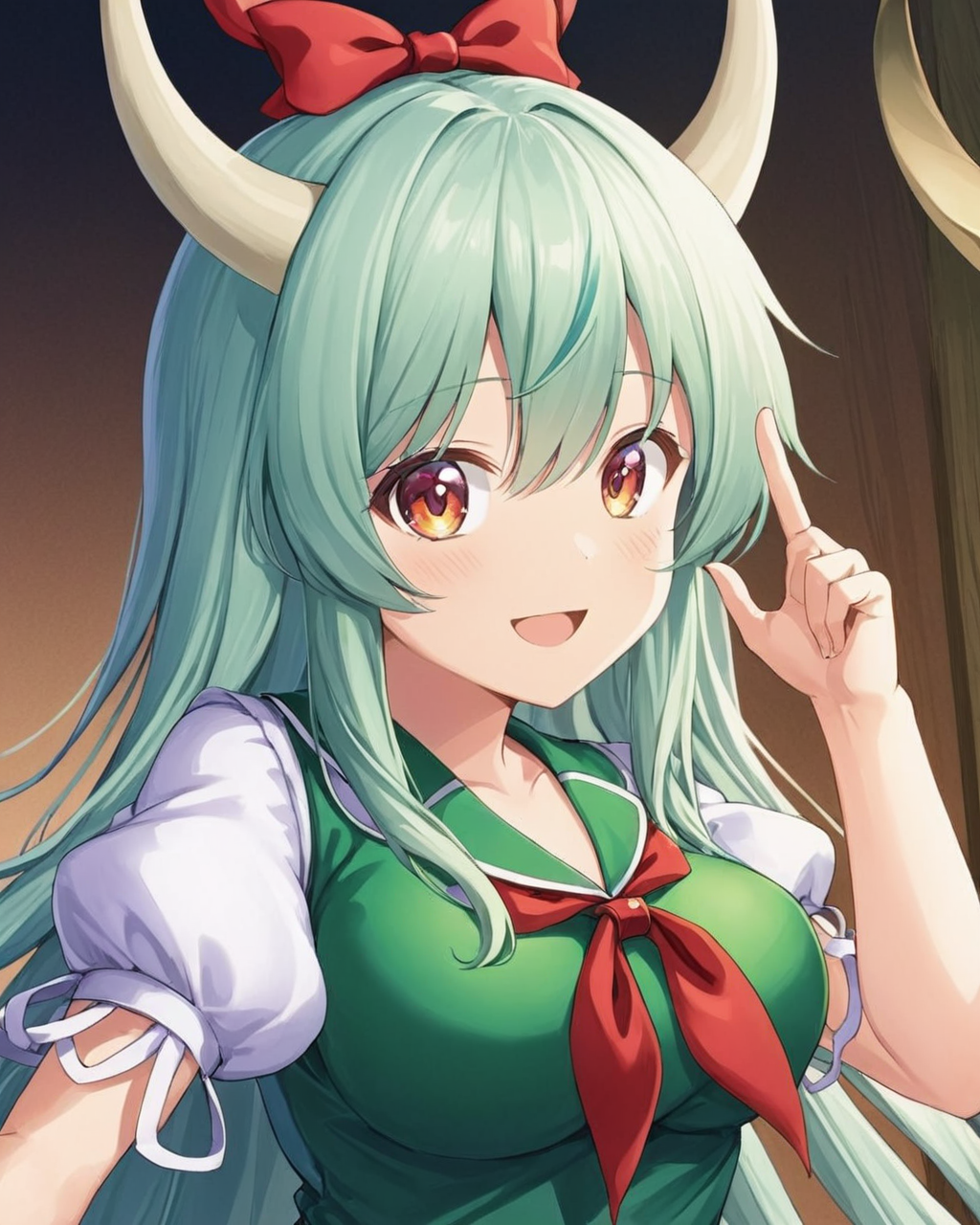 kamishirasawa keine,1girl, solo, looking_at_viewer, puffy_short_sleeves, open_mouth, green_dress, upper_body, red_neckerchief, red_bow, blue_dress, hand_up, smile, horn_bow, teeth, horn_ribbon, breasts, bright_pupils
<lora:kamishirasawa_keine_image2095_2023-12-14-000010:1>,star-shaped_pupils,symbol-shaped_pupils,. gorgeous,key visual, vibrant, studio anime,award-winning, professional, highly detailed,high budget, cinemascope