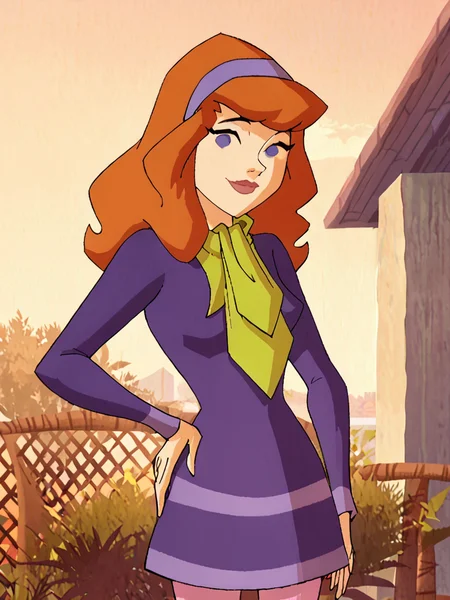 <lora:DaphneMysteryIPony1.0:1> daphneb, 1girl, solo, long hair, hairband, orange hair, purple dress, purple eyes, green scarf, smile, pink pantyhose, cowboy shot, smile, outdoors, looking at viewer, hand on own hip,, score_9, score_8_up, score_7_up, score_6_up, score_5_up, score_4_up