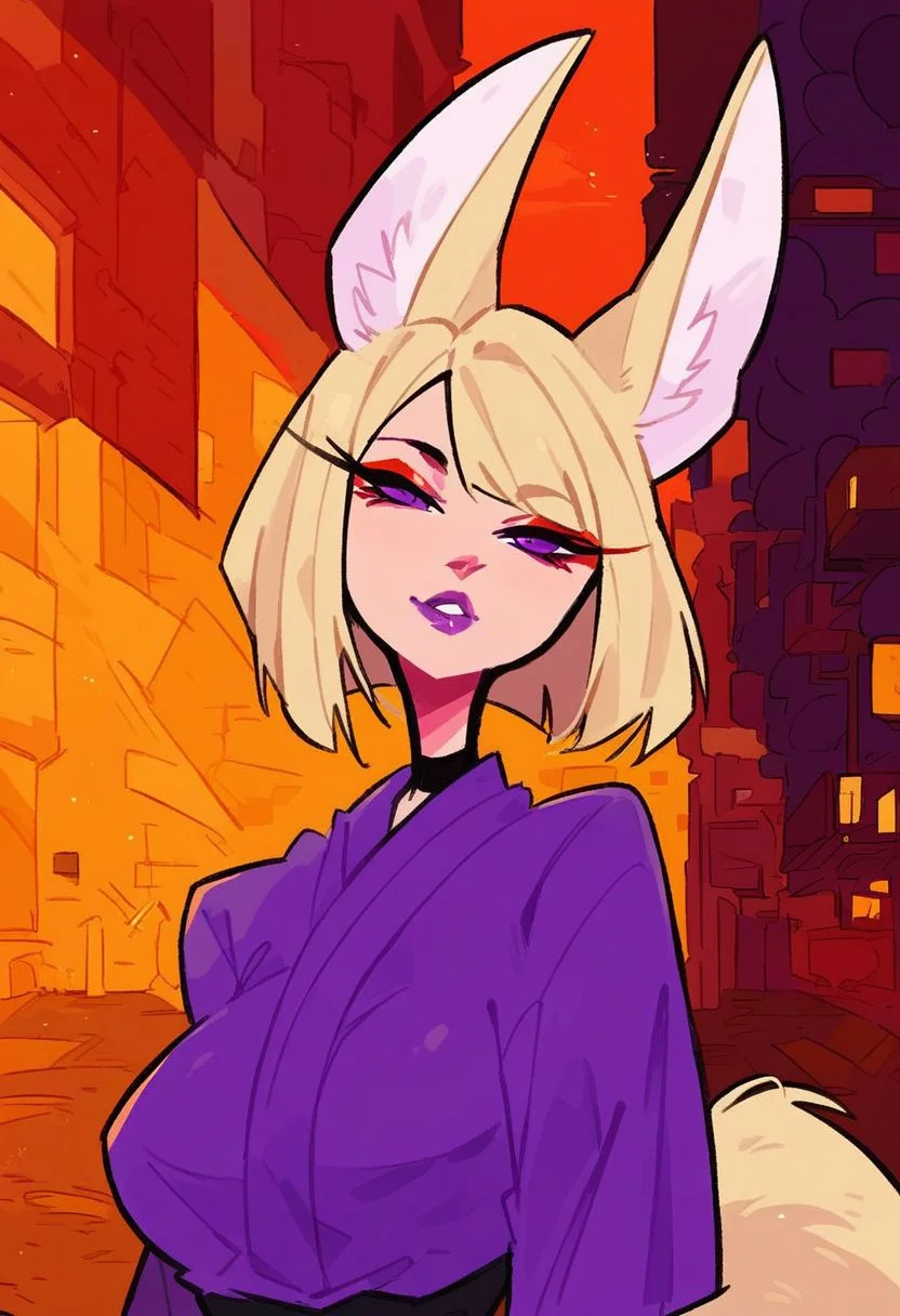 score_9, score_8_up, score_7_up, solo, 1girl, blonde hair, bob cut, (fennec ears),  red eyeshadow, purple eyes, purple lips, large breasts, purple kimono, fox tail, urban, outdoors, portrait, upperbody, dijor,