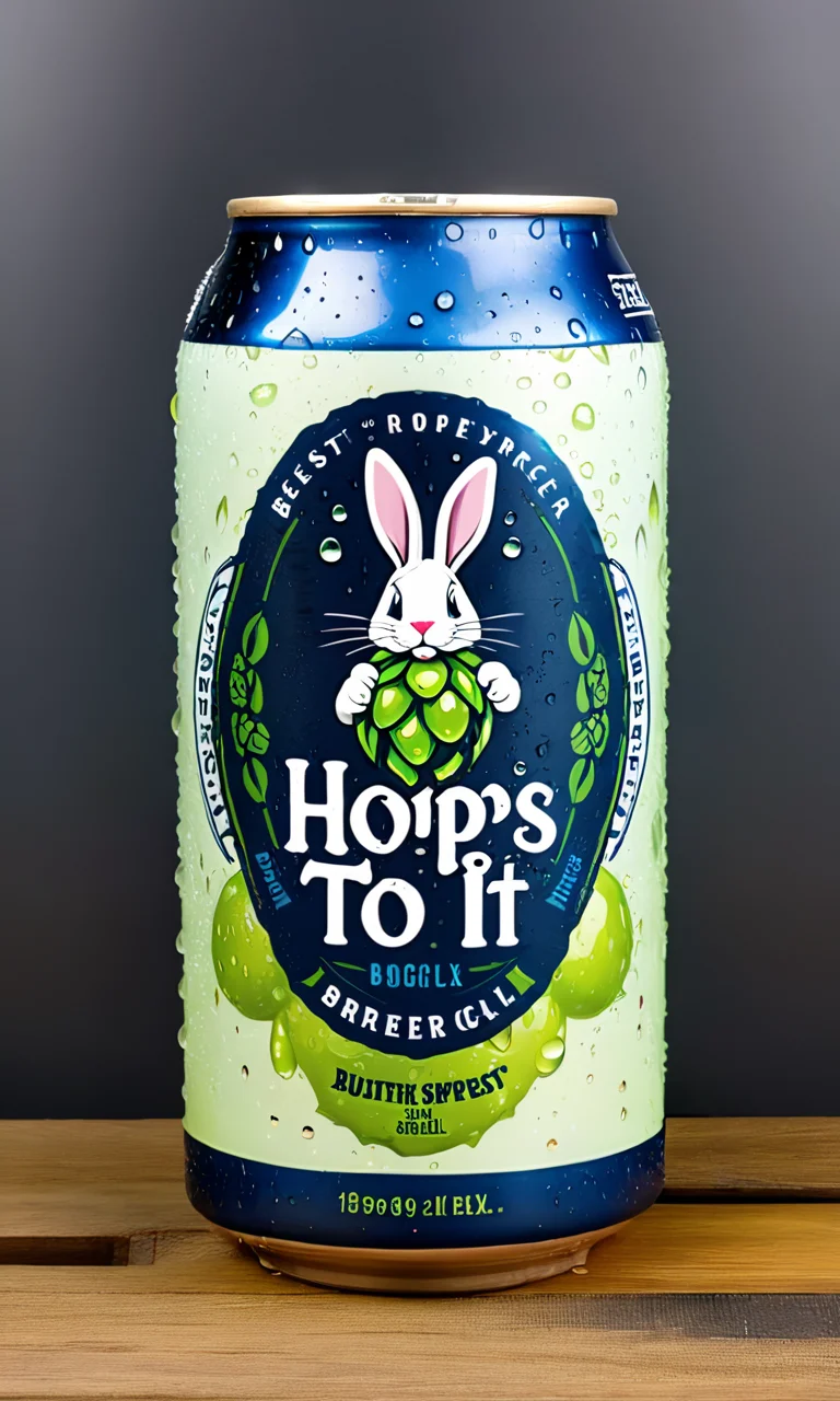<lora:bevlabsdxl:0.9>,a beer can with bunny, text "Hops to it", bevlabsdxl, best quality, masterpiece, water droplets, logo, fancy beer,