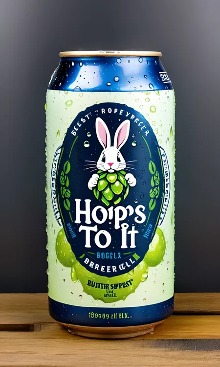 <lora:bevlabsdxl:0.9>,a beer can with bunny,  text "Hops to it", bevlabsdxl,  best quality, masterpiece, water droplets, logo, fancy beer,