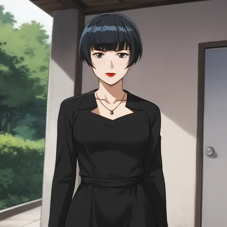 <lora:Yuka_pony_v1:.7> Yuka, 1girl, short hair, black hair, necklace, jewelry, black dress, makeup, lipstick, black eyes, blunt bangs, long sleeves, cowboy shot
