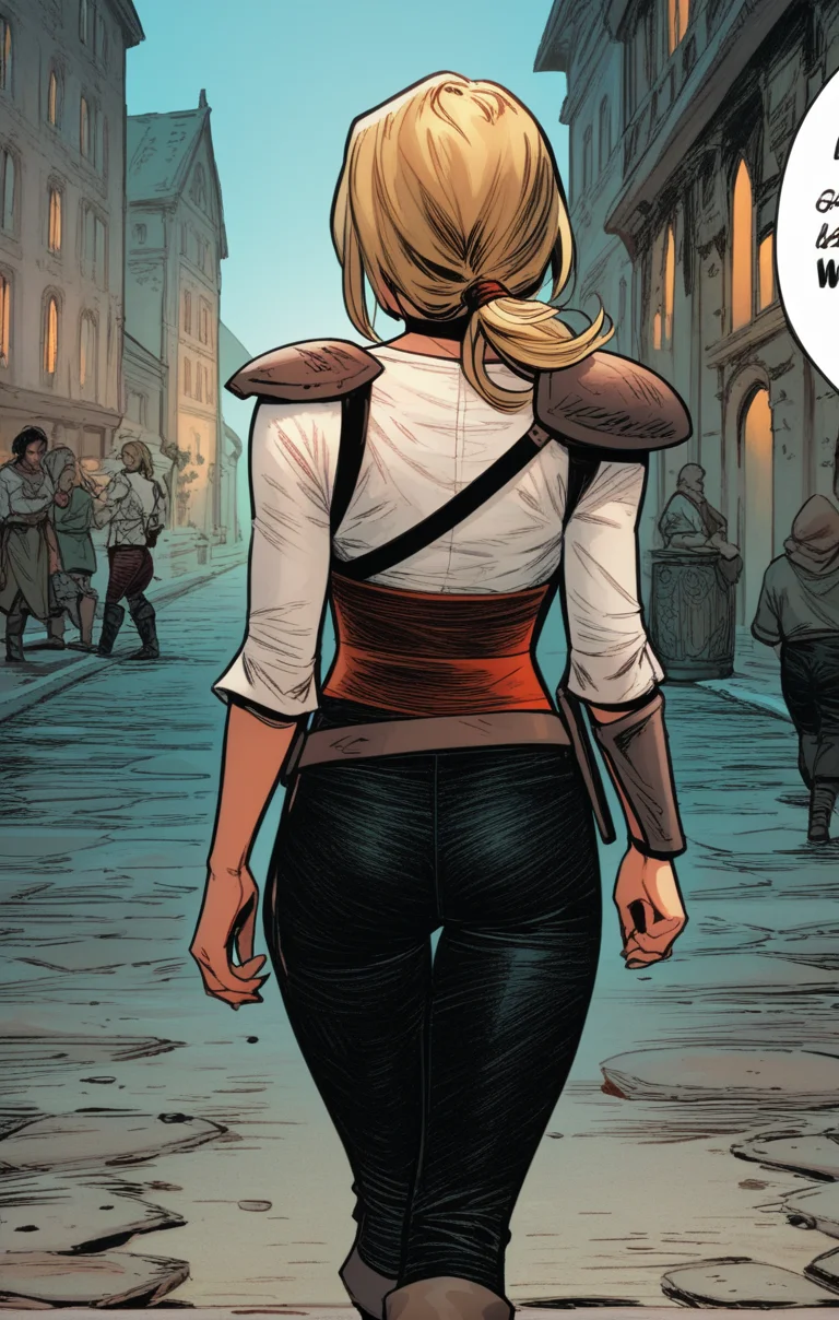comic, score_9, score_8_up, score_7_up, score_6_up, score_5_up, score_4_up, <lora:Valeria_t2-000008-128:1.0> 1girl, Valeria, blonde, large breasts, from behind, ass, walking, shoulder pads
, outdoors, daytime, medieval, city, road