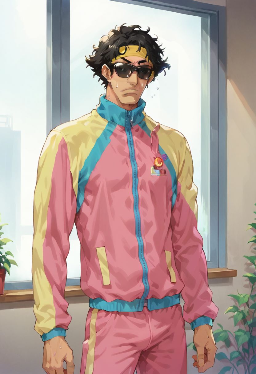 score_9, score_8_up, score_7_up, 1boy, solo, kamoshida, black hair, messy hair, sunglasses, hud_jggr, colorful jacket, zipper, pants, headband, indoors, sweat, doing exercise, window