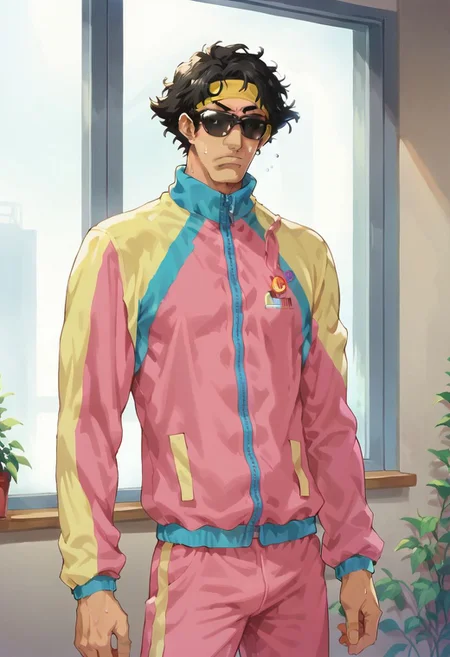 score_9, score_8_up, score_7_up, 1boy, solo, kamoshida, black hair, messy hair, sunglasses, hud_jggr, colorful jacket, zipper, pants, headband, indoors, sweat, doing exercise, window