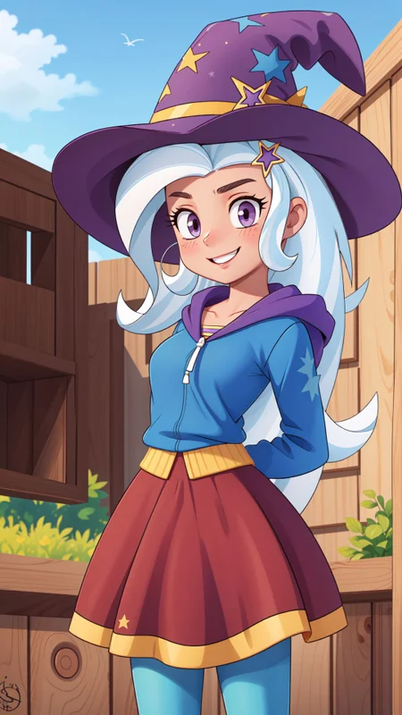 (masterpiece, best quality:1.2),<lora:mlp_trixie-10:1>,cowboy shot,solo,1girl,mlptrixie,colored skin,blue skin,smile,looking at viewer,arms behind back,star hair ornament,witch hat,blue hoodie,purple skirt,