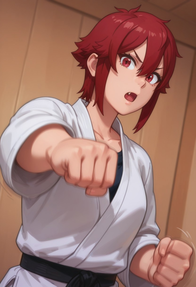 masterpiece, best quality, absurdres, highres, detailed, HD, 4K, possmach, gloss_(hotglossed), outline, eigaka, aruhshura, 
Tomo Aizawa, 1girl, dougi, solo, red eyes, red hair, fang, short hair, collarbone, belt, tomboy, black belt, sidelocks, hair between eyes, indoors, fang, :O, karate gi, wooden wall, opened mouth, karate punch, punching toward the viewer, motion lines, motion blur, arm out directly at viewer, (dutch angle), medium breast,  serious,