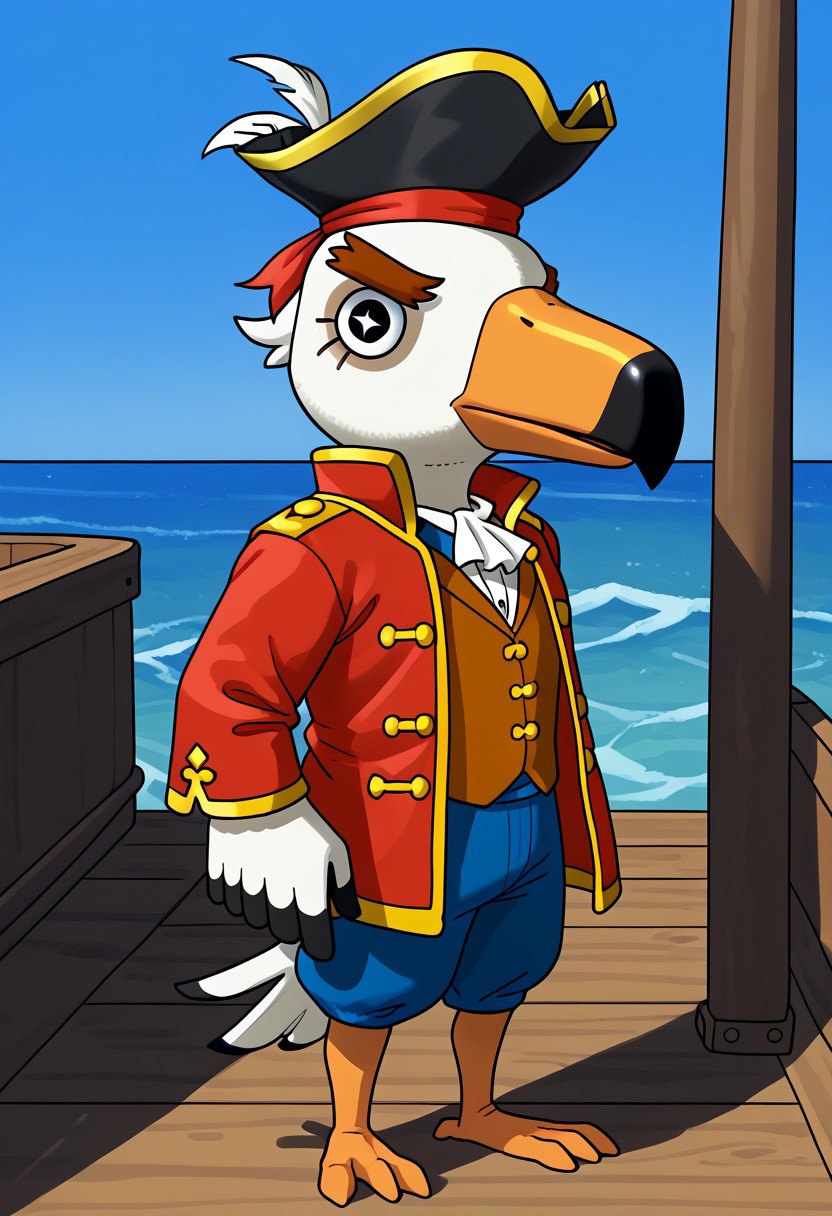 1boy, furry, solo, seagul, bird, white feathers, beak, orange beak, thick eyebrows, black eyes, star pupila, pirate hat, brown vest, red jacket, bottomless, flat feet, three toes, standing on a ship deck, ship deck background