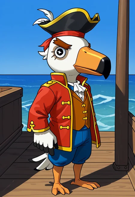 1boy, furry, solo, seagul, bird, white feathers, beak, orange beak, thick eyebrows, black eyes, star pupila, pirate hat, brown vest, red jacket, bottomless, flat feet, three toes, standing on a ship deck, ship deck background