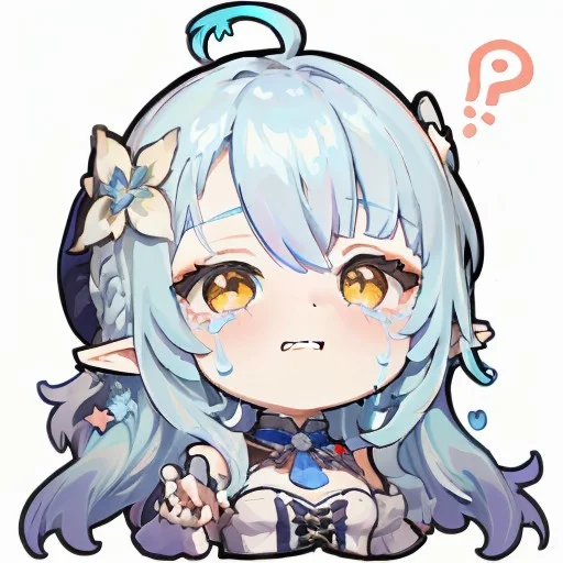 dripping tears, <lora:gstamp_02-000008:1>, (chibi), (big head, close-up face), (upper body), simple background, white background, emoji, emote, <lora:lamy:0.55>, (yukihana lamy), virtual youtuber, yellow eyes, blue hair, elf, pointy ears, heart ahoge,