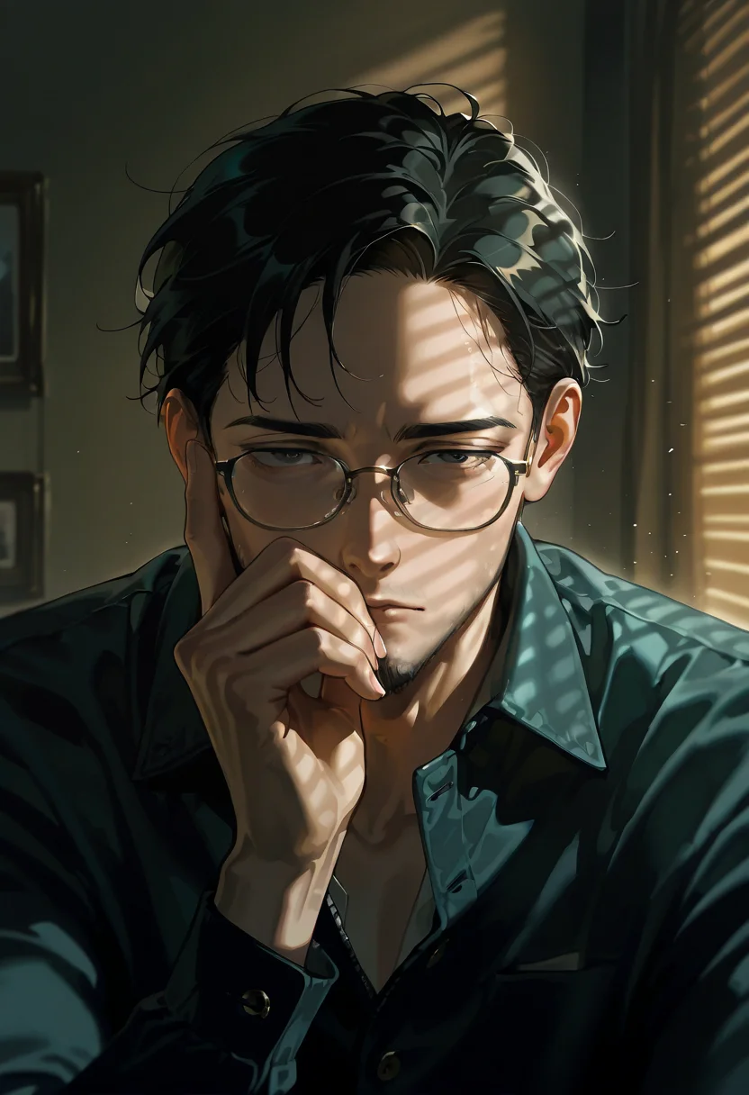 venetian lighting, 1boy, black hair, glasses, jacket,