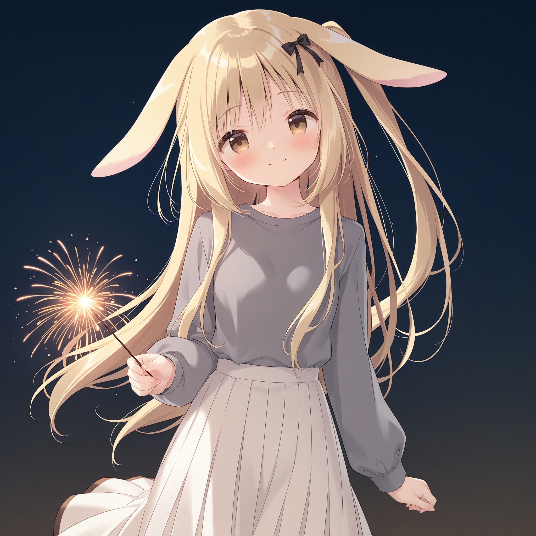 <lora:Momose_Mitsuki_2_nai-000023:1>,Momose Mitsuki,rabbit ears,
one side up,hair minibow,black bow,white skirt,pleated skirt,puffy long sleeves,grey shirt,long skirt,brown-trimmed skirt,
BREAK
1girl,solo,smile,holding fireworks,dark,simple background,front view,looking at viewer,head tilt,