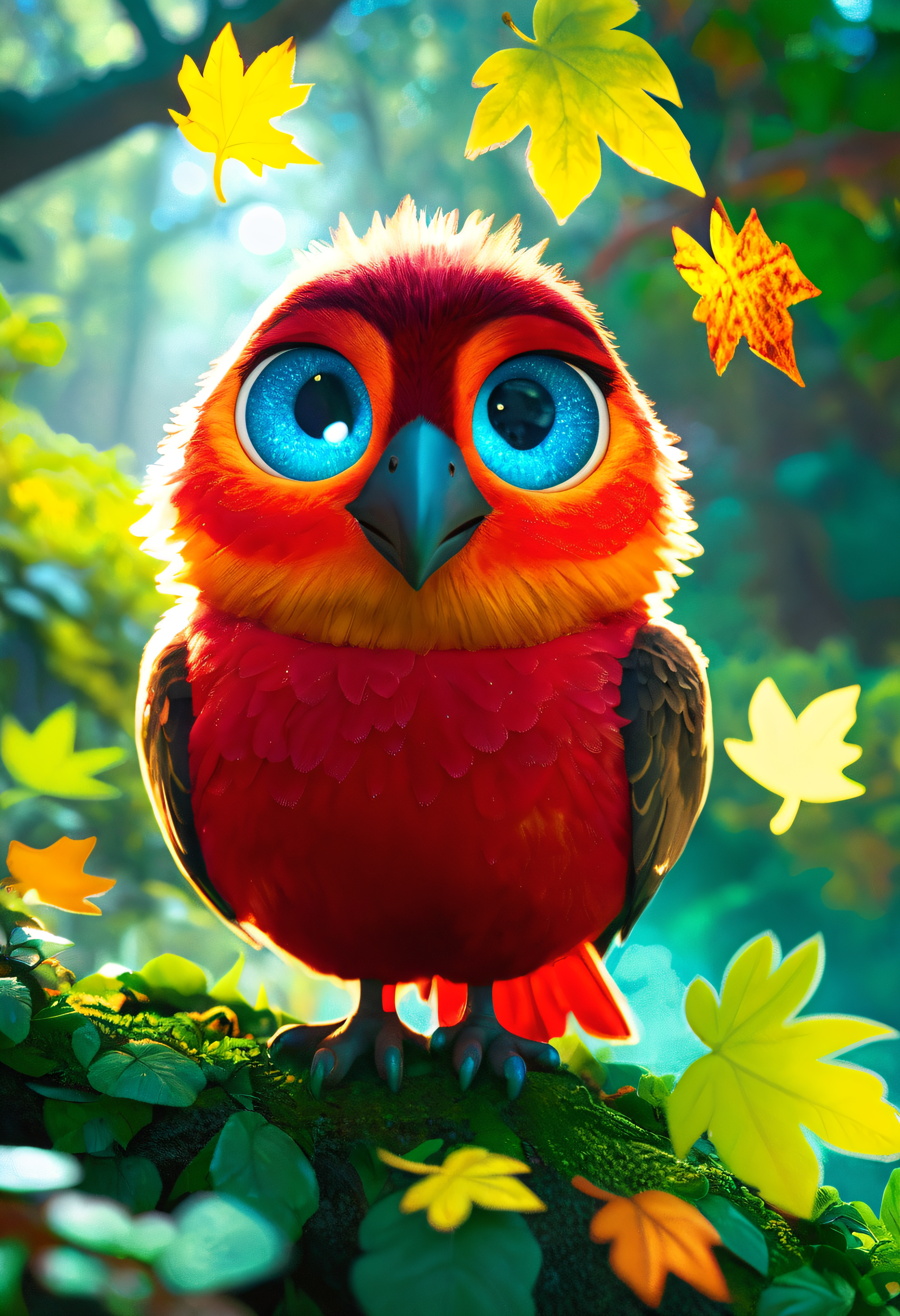 score_9, score_8_up, score_7_up BREAK zy_animation, vibrant CGI depiction, lively green-feathered bird, expressive face, warm colorful autumn forest backdrop, engaged in conversation, wide eyes, curious expression, playful personality, animated character, detailed feathers, warm lighting, autumn leaves, dynamic pose, whimsical atmosphere, immersive forest setting, fantasy style , <lora:zy_Animation_Shot_PonyRealism_v1:0.85>