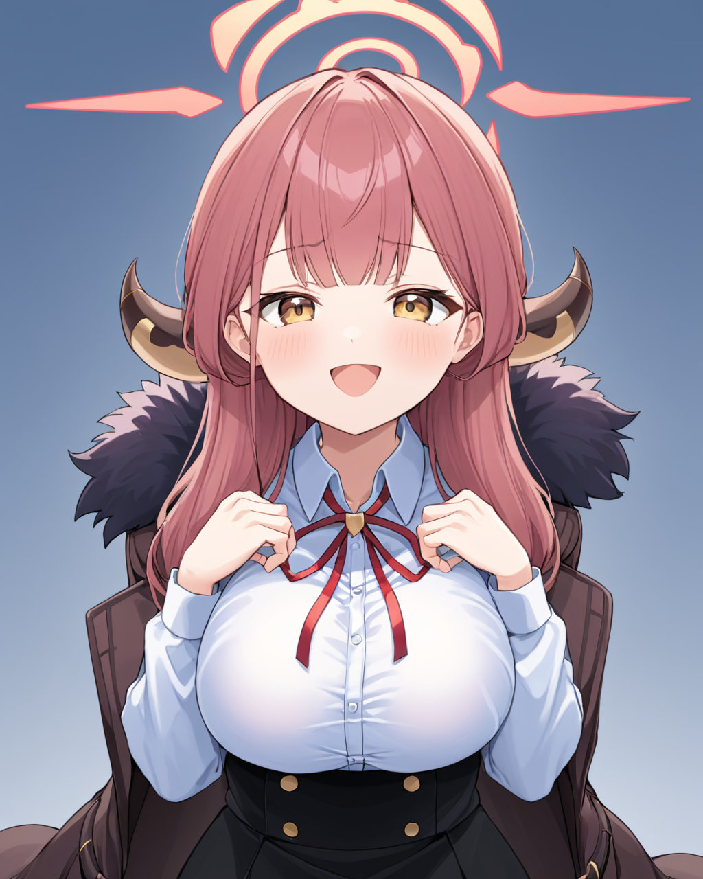 aru \(blue archive\),1girl, halo, horns, open_mouth, @_@, blush, solo, white_shirt, fur_trim, hypnosis, hands_on_own_cheeks, heart, black_skirt, looking_at_viewer, red_ribbon, neck_ribbon, large_breasts, long_sleeves, smile, collared_shirt, coat_on_shoulders
<lora:aru_(blue_archive)_image2817_2023-11-25-000009:1>halo. gorgeous,key visual, vibrant, studio anime,award-winning, professional, highly detailed,high budget, cinemascope