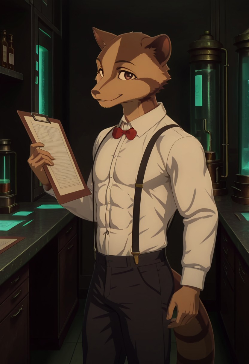 masterpiece, best quality, amazing quality, very aesthetic, absurdres, newest,  high quality, detailed, Deshico, 1boy, mature male, male, anthro, civet, animal ears, brown eyes, tan and brown fur, athletic build, muscle body, muscle biceps, muscle back, muscle chest, abs, sexy abs, six pack abs, white collared shirt, red bowtie, black suspenders, black pants, standing, lab, holding clipboard, looking at viewer, smiling, half body, indoors, volumetric lighting