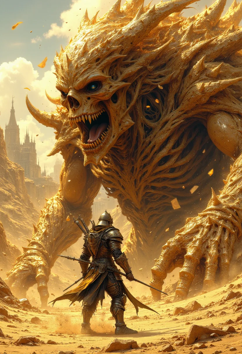 Highly detailed and dramatic digital artwork featuring an intense scene in a desert environment. The layout is dynamic, with a central focus on a confrontation between a human warrior and a massive sand creature. The warrior, clad in detailed, metallic armor with a helmet obscuring facial features, stands poised in a defensive stance. The armor is intricately designed with a bronze hue, reflecting the sunlight. The skin color of the warrior is not visible due to the armor. The sand creature is colossal, with a skeletal, monstrous appearance, featuring a large, gaping mouth and hollow eyes. Its body is composed of swirling sand, blending seamlessly with the surrounding desert landscape. The creature's texture is rough and gritty, emphasizing its menacing presence. The background is filled with swirling sand, creating a sense of motion and chaos. The overall color palette is dominated by sandy browns and golden hues, enhancing the desert setting.
<lora:FluxMythP0rtr4itStyle:0.6> <lora:Midjourney_Dreamlike_Fantasy_FLUX_LoRA:0.6> <lora:Elden_Ring_-_Yoshitaka_Amano:0.33>