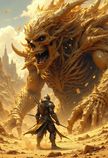 Highly detailed and dramatic digital artwork featuring an intense scene in a desert environment. The layout is dynamic, with a central focus on a confrontation between a human warrior and a massive sand creature. The warrior, clad in detailed, metallic armor with a helmet obscuring facial features, stands poised in a defensive stance. The armor is intricately designed with a bronze hue, reflecting the sunlight. The skin color of the warrior is not visible due to the armor. The sand creature is colossal, with a skeletal, monstrous appearance, featuring a large, gaping mouth and hollow eyes. Its body is composed of swirling sand, blending seamlessly with the surrounding desert landscape. The creature's texture is rough and gritty, emphasizing its menacing presence. The background is filled with swirling sand, creating a sense of motion and chaos. The overall color palette is dominated by sandy browns and golden hues, enhancing the desert setting.
<lora:FluxMythP0rtr4itStyle:0.6> <lora:Midjourney_Dreamlike_Fantasy_FLUX_LoRA:0.6> <lora:Elden_Ring_-_Yoshitaka_Amano:0.33>