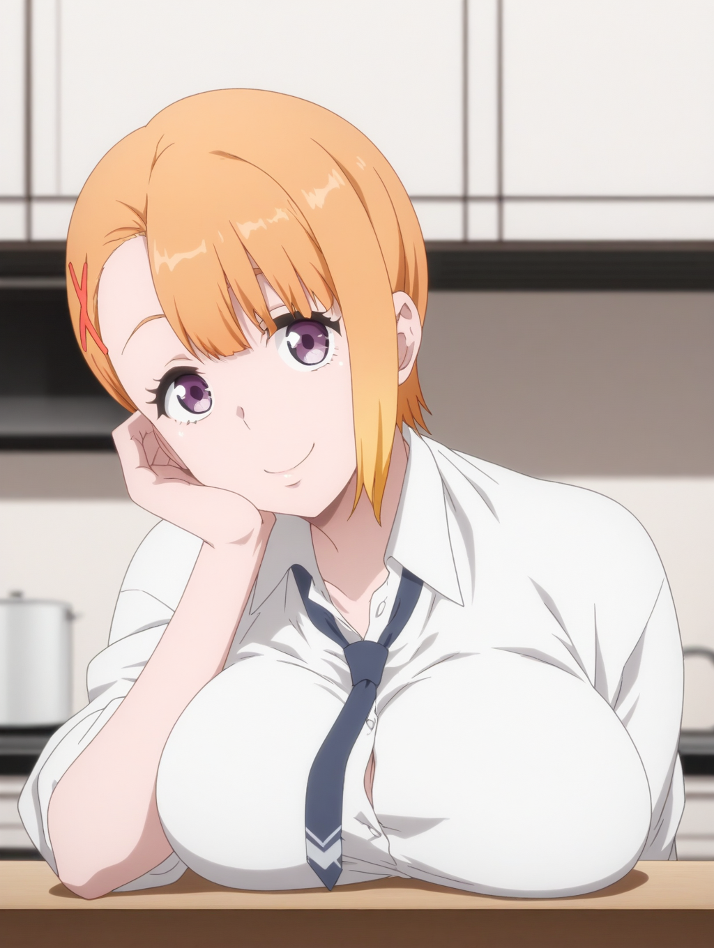 masterpiece, best quality, amazing quality, detailed, anime coloring, <lora:HanaYurikaw_LW:0.8> HanaYurikaw_LW, anime screenshot, short hair, hair ornament, purple eyes, hairclip, orange hair, blonde hair, multicolored hair, 1girl, solo, mature female, 
white shirt, necktie, school uniform, looking at viewer, upper body, large breasts, breasts on table, kitchen, blurry background, looking at viewer, smile, dutch angle, breast press,