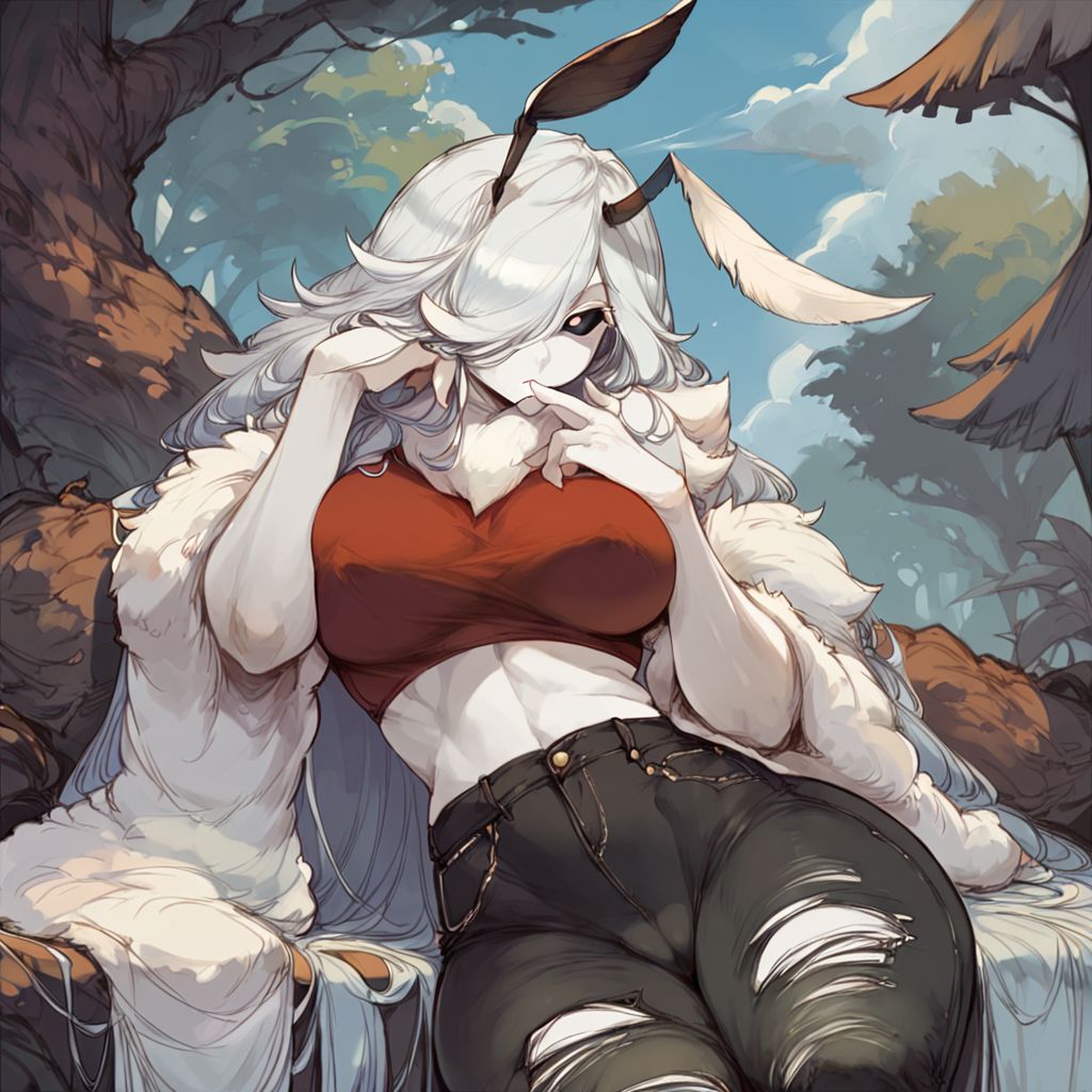 1girl, long fluffy and large silver hair, <lora:mekakure_left_v100:1>, left eye covered with hair, ((hair covers one eye)), moth antennae, fluffy moth antennae, white antennae, coloured sclera, black sclera, white pupils, (pure white skin:1.5), Expressiveh, score_9, score_8_up, large breasts,ripped jeans,crop top,sitting, ,looking at phone,outdoors,bored,arm support,<lora:mekakure_left_v100:1>, left eye covered with hair, ((hair covers one eye)), cameltoe, tight clothing, plump ass, moth antennae, fluffy moth antennae, white antennae