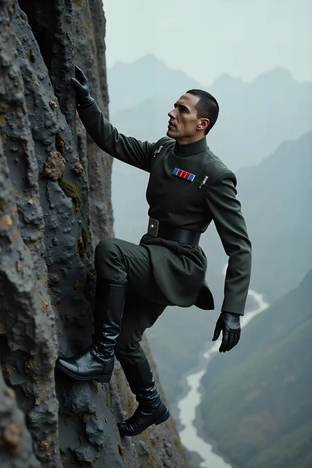 Hanging from the sheer face of a jagged mountain, an imperial officer grips onto the rocky surface with one gloved hand, their boots pressed firmly against the stone. Their uniform is only slightly dirtied by the climb, and their expression remains completely neutral, as if ascending a warship ladder rather than a treacherous peak. The wind howls around them, as they glance up toward the summit, calculating their next move. Below, a vast valley stretches into the distance, but they show no sign of concern.<lora:IMPOFF_FLUX>