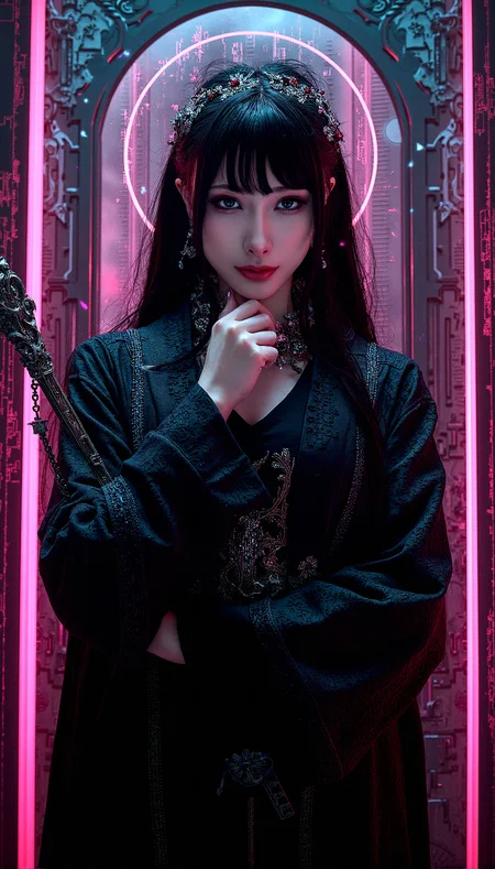 A powerful goth female mage with long dark hair, long bangs and intricate robes, holding a glowing magical staff,in a backdrop of a futuristic, neon-lit circuit board landscape, gothic art style, dark and moody, intricate details, rich colors, dramatic lighting, ornate patterns, medieval inspired, mysterious atmosphere, high contrast, artistic and elegant, perfect body anatomy,
The female mage is in Pensive Pose, with a hand on chin, looking thoughtful.