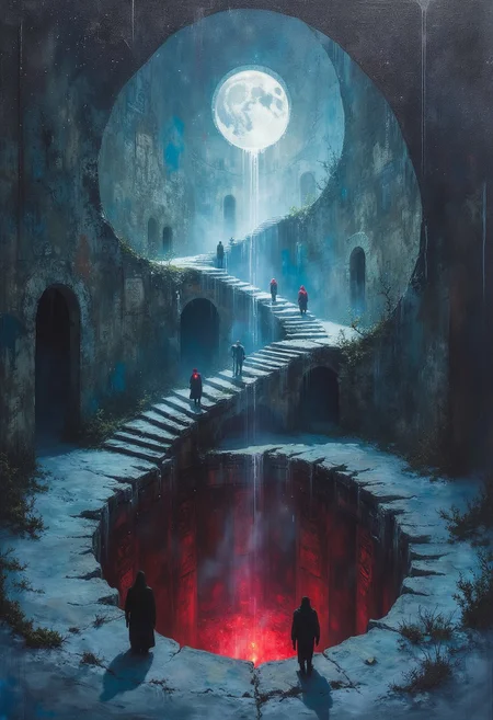 horror mystery atmosphere, retro grainy style, in a vast snow field there is a dark hole, small hooded figures with glowing eyes walking down the stairs, spiral stairs that that leading down the hole, at the bottom of the hole there is slight red glow, you can see the walls of the hole, ritualistic mazes drawings covering the whole wall, UHD, smooth, sharp, detailed, intricate, focus on the hole.
