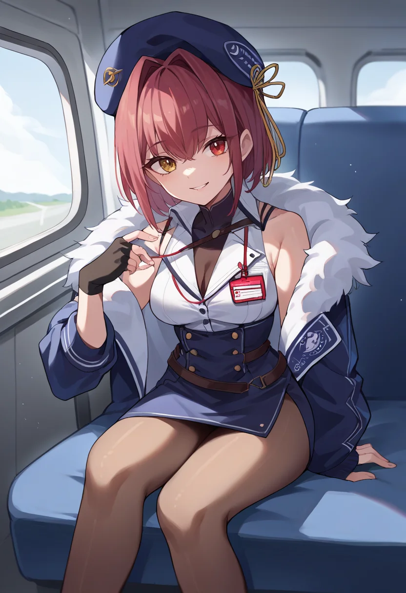 score_9, score_6_up, source_anime, 1girl, solo, airplane interior, sitting, marine_beret, collared shirt, sleeveless, high-waist skirt, pantyhose, blue jacket, fur trim, fingerless gloves, id card, red eyes, yellow eyes, smile<lora:senchouXL-05:1>